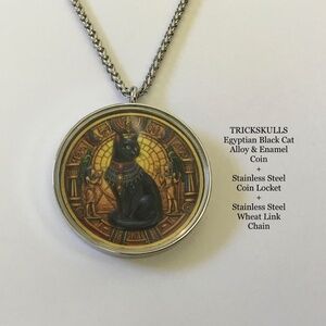 Egyptian Cat Alloy & Enamel Coin + Stainless Steel & Glass Locket + Custom Chain